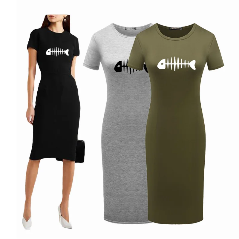 

Pencil Dress Kawaii Fish Skeleton Print Short Sleeve Elegant Party Bodycon Vestidos Slim Woman Sundresses