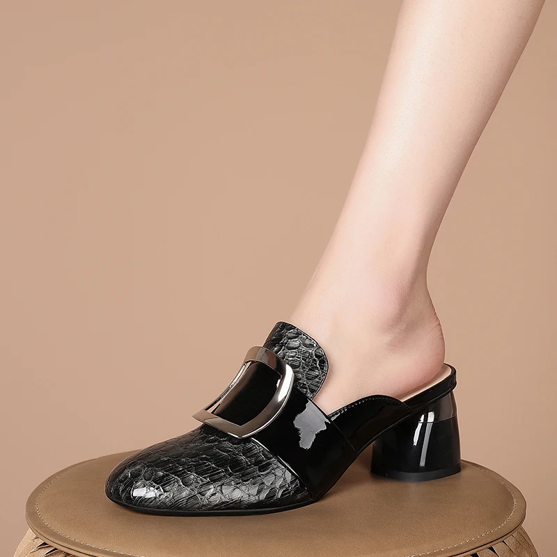 

2021 Summer shoes Women Metal Decoration High Heels slippers Woman Top Quality Genuine Leather Working Casual Women Shoes