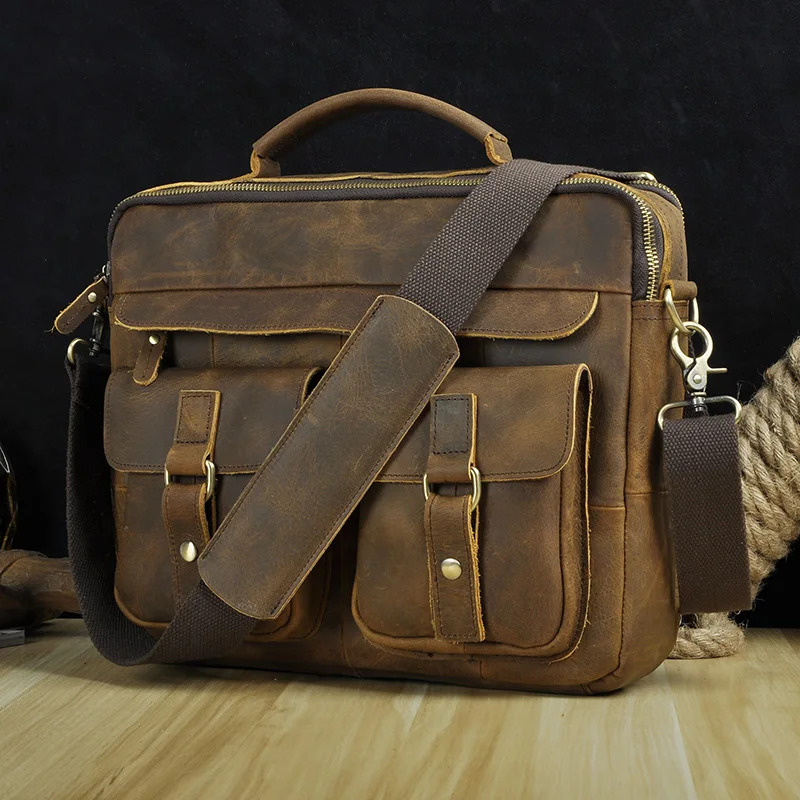 dark brown Le'aokuu, мужской портфель кофейного цвета из натуральной кожи в античном стиле, деловые чехлы для ноутбука 13 дюймов, сумки-мессенджеры, портфель, B207-d - Цвет: dark brown
