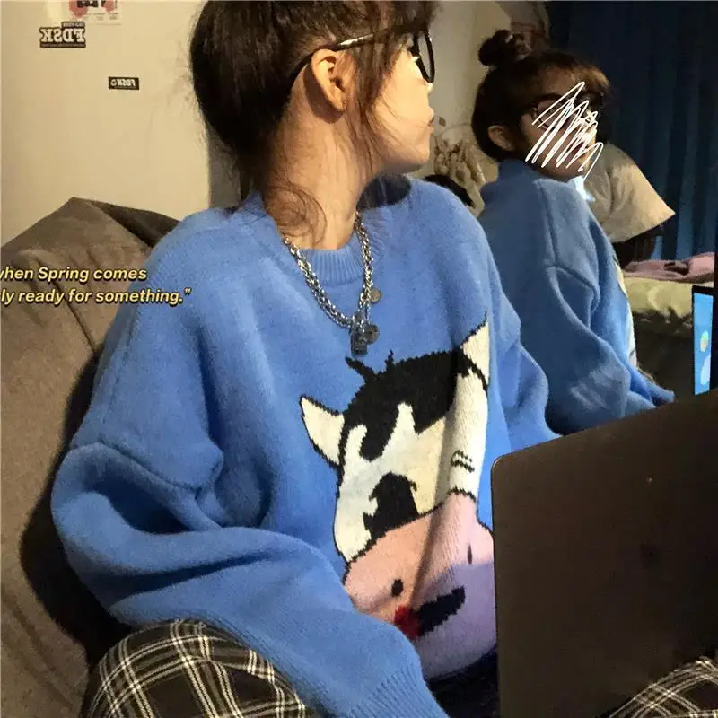 

2021 Autumn and Winter New Cute Calf Jacquard Lazy Pullover, Long-sleeved Knitted Sweater, Female Students