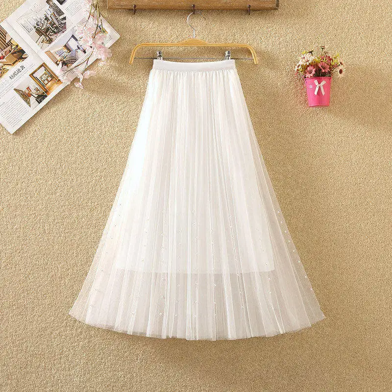 

New 2020 Spring Summer Skirts Womens Beading Mesh Tulle Skirt Women Elastic High Waist A Line Mid Calf Midi Long Pleated Skirt