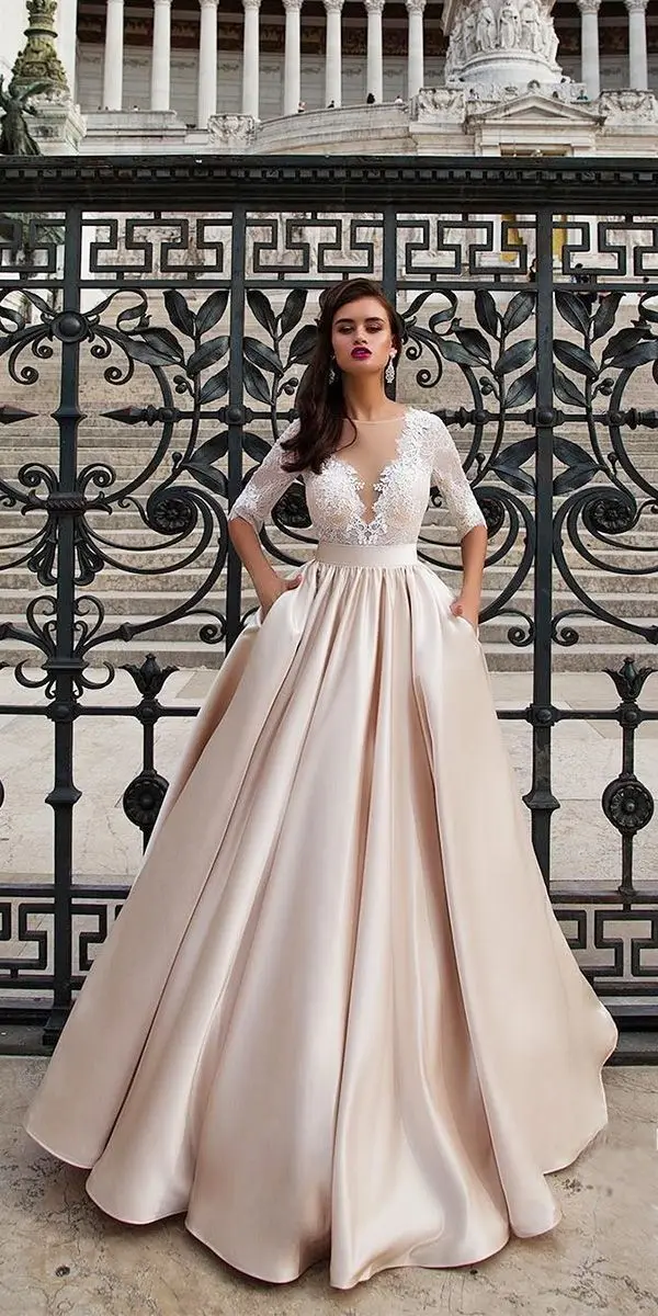 Атласные свадебные платья цвета шампанского с карманами 2019 ТРАПЕЦИЕВИДНОЕ