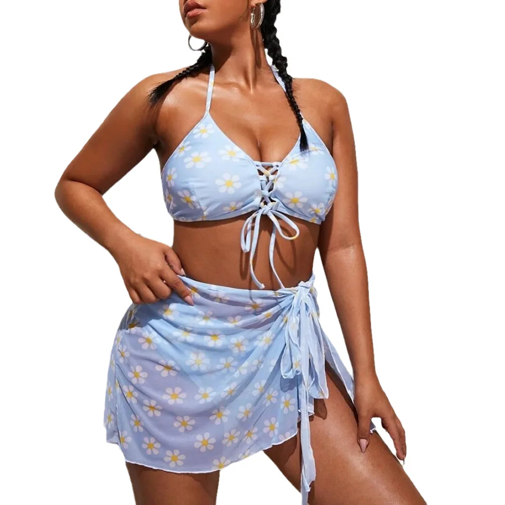 

Women Daisy Print Swimwear 3 Pcs/Set High Waisted Floral Bikini Short Skirt Cover-Ups Beachwear Plus Size XL-4XL Swimming Suits