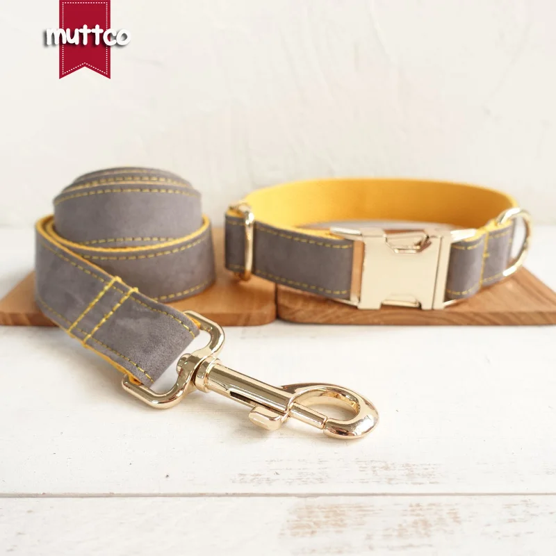 

MUTTCO розничная продажа, дизайнерский воротник, серый чехол, желтый, ручная работа, поли сатин и нейлон, серый и желтый воротник и поводок UDC026J