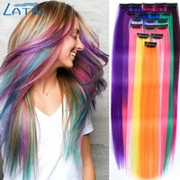 lativ long straight synthetic clip in one piece hair extensions 20inch1 pack two tone fake hair for women girls rainbow