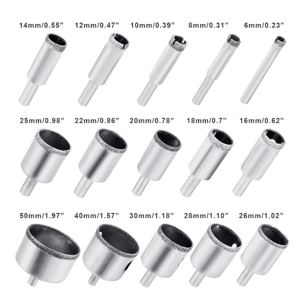 

Сверло с алмазным напылением, комплект из 15 насадок для сверления отверстий под мрамор, керамическую плитку, кирпич, 6-50 мм