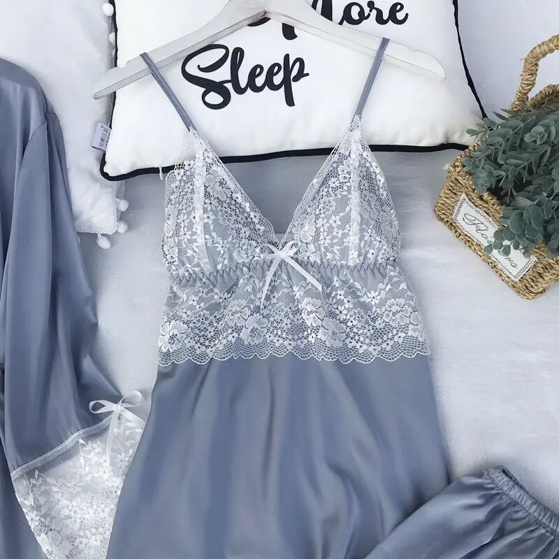 Сексуальный женский халат и кружевной Атласный + Ночное платье комплект ночного