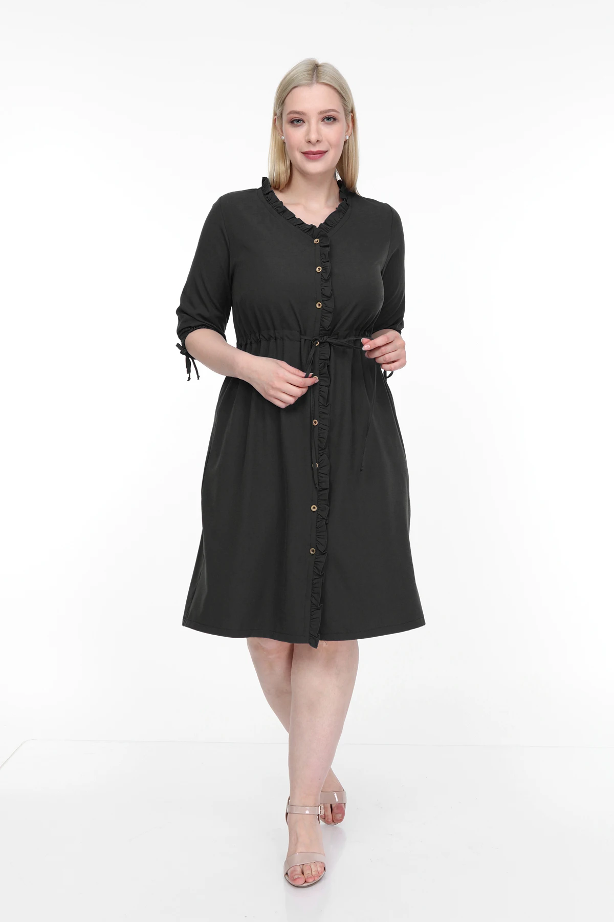 

Lir Women Large Size Ruffles Button Three Quarter Sleeve Dress Black L1623