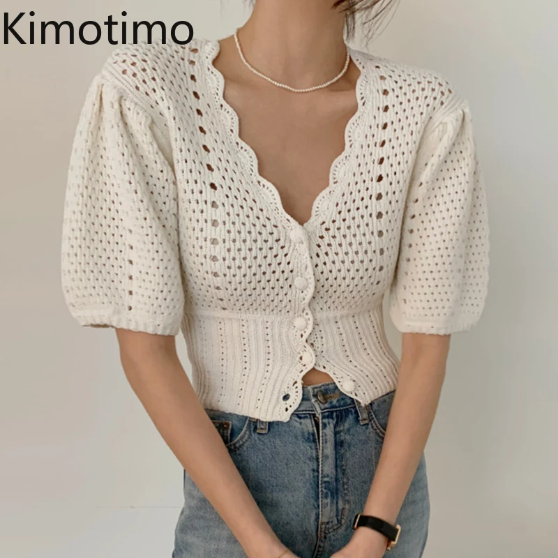 

Кардиган Kimotimo женский однотонный в Корейском стиле, шикарный однобортный свитер с V-образным вырезом и пышными рукавами, Дамские топы с выре...