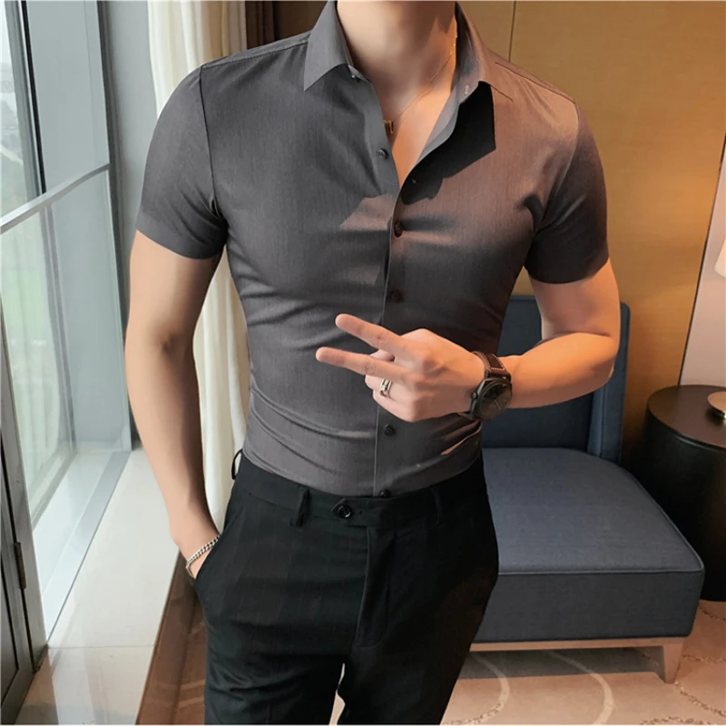 

High Quality Seamless Short Sleeve Casual Shirts Men Ice Silk Stretch Slim Fit Business Formal Dress Shirts Social Men Clothing