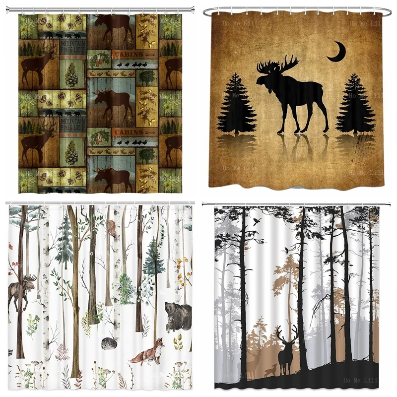 

Rustic Cabin Country Lodge Moose Deer Camp Woodland Animal Elk Forest Pine Tree Moon Design Farmhouse Style Shower Curtain