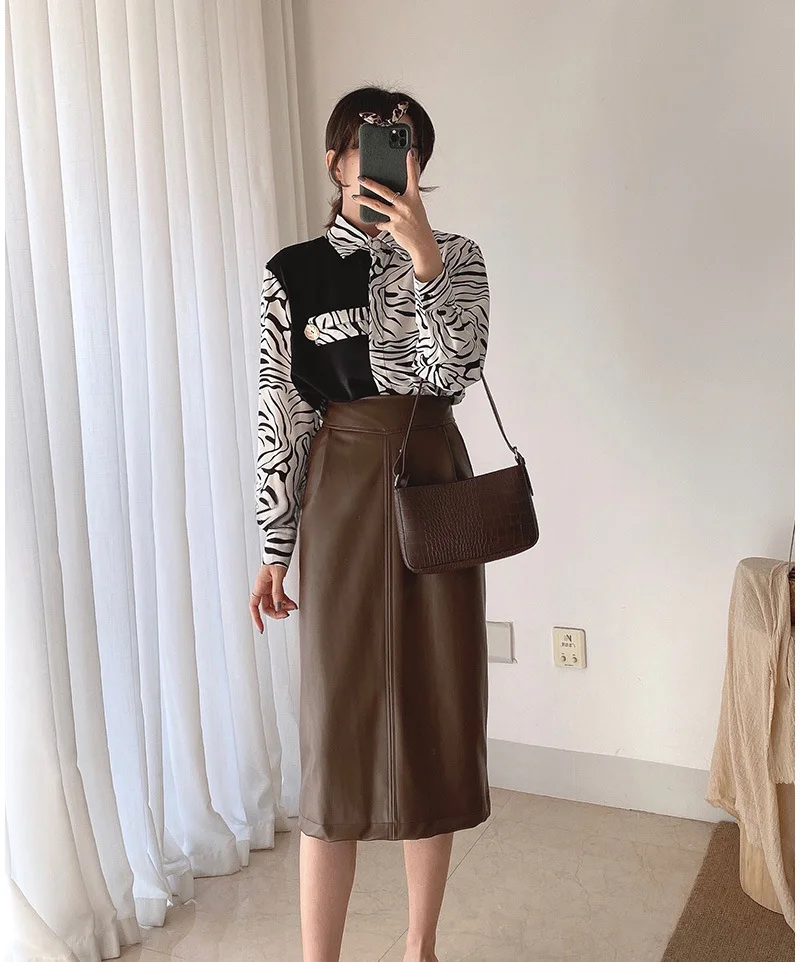 

New 2021 Spring Women PU Leather Skirts High Waist Pockets Package Hip Skirt Female Front Split Zipper Midi Pencil Skirts