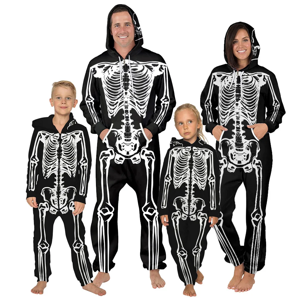

Страшные маскарадные костюмы на Хэллоуин для мамы, папы, детей, 3D принт, скелет, боди, дьявол, вампир, Карнавальная одежда, комплект с черепом