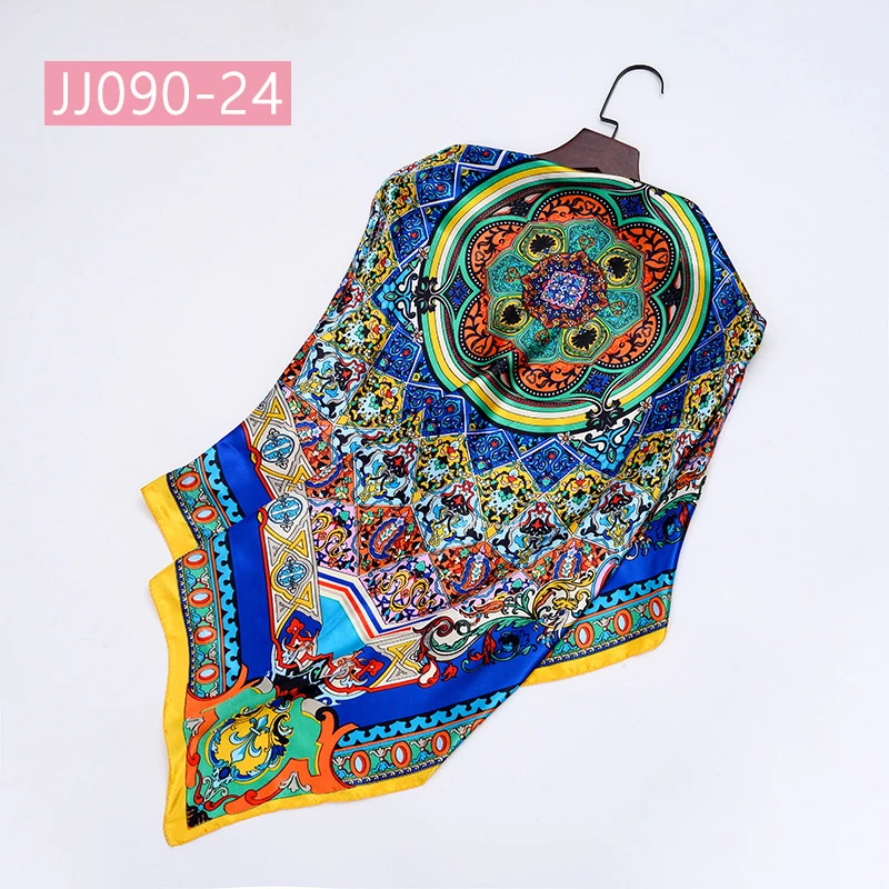 JJ090-24 90*90 см квадратный шарф для женщин, подходит ко всему, элегантные цветочные шарфы для волос, Женская бандана, весна-осень, атласные шелковые шарфы, шаль - Цвет: JJ090-24