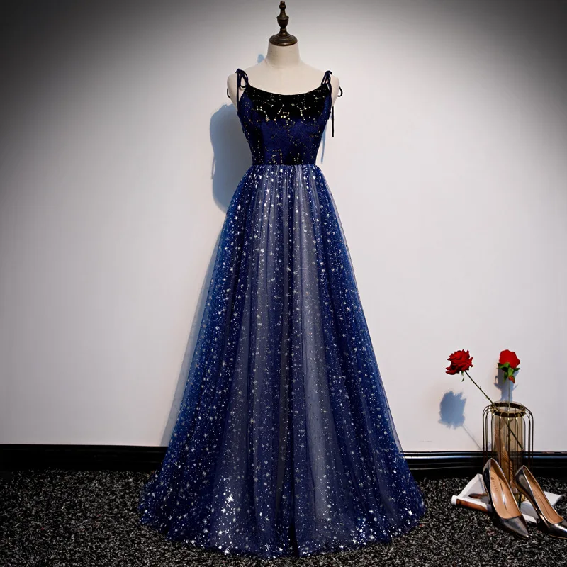 

Navy Blue Spaghetti Sexy Evening Party Dress Sequins Formal Exquisite Dress Women Full Length Prom Gown A-Line Oversize 4XL