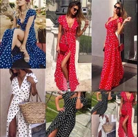 2021 womens summer short sleeve v neck low cut printed polka dot dress