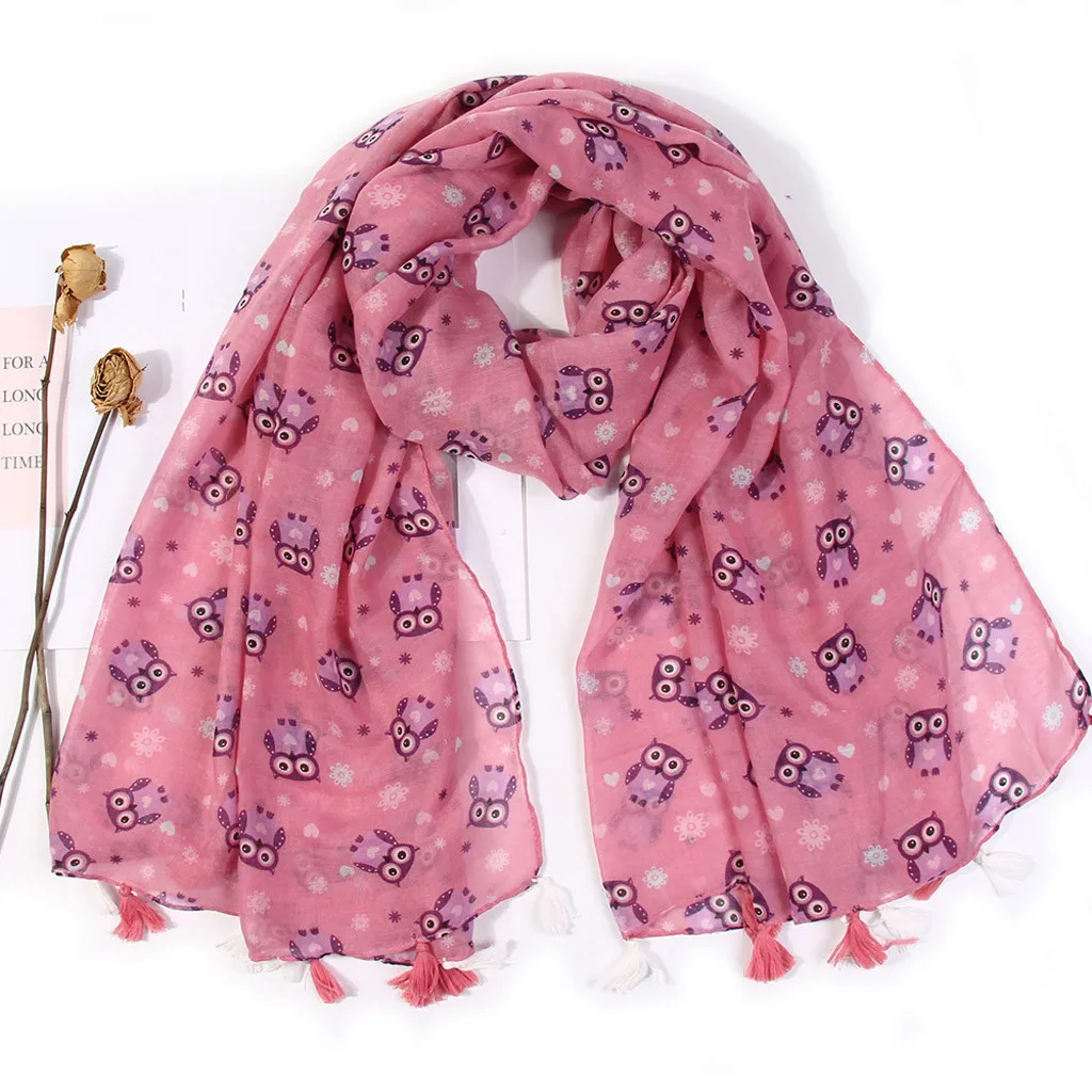 Модные зимние теплые шали шарф женский с принтом Совы и кисточками роскошный