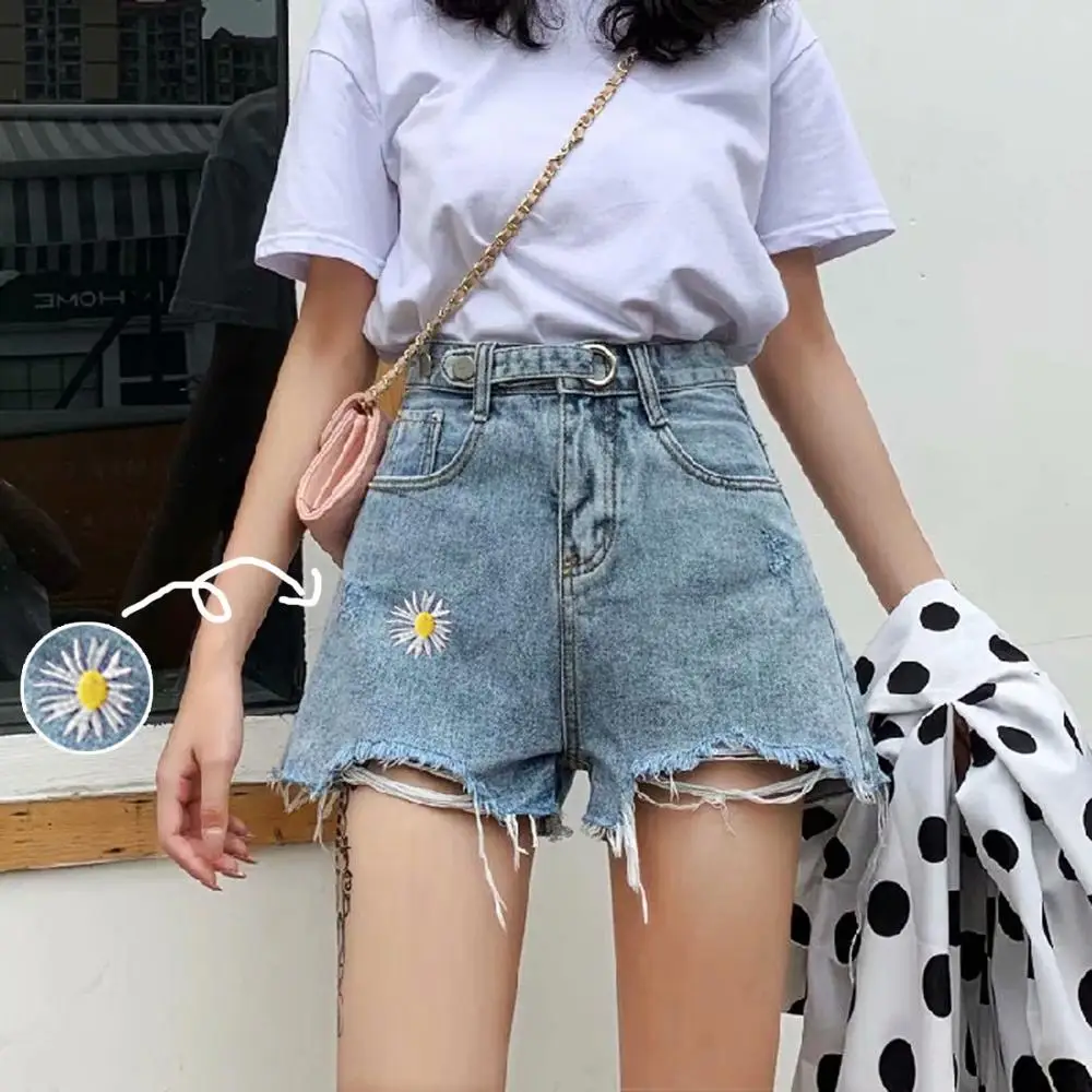 

New Vintage High-waist Denim Shorts Ladies Summer Preppy Chic Loose Ripped Hole Wide Leg Plus Size Black Casual Jean Hot Shorts