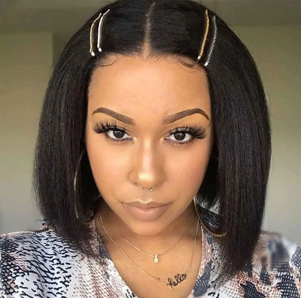 Middle Part Kinky Straight Lace Front Bob Wigs Synthetic Black Hair with Baby Hair for Black Women Synthetic Wis Fiber Hair