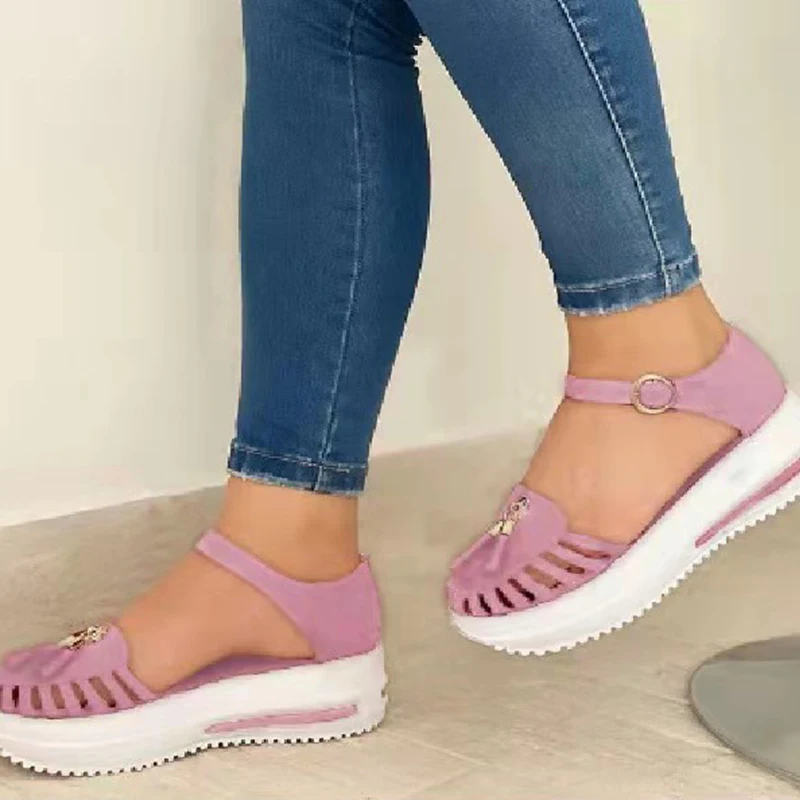 

Women Tassel Platform Sandals Summer Ladies Comfort Cover Heel Slides 2021 Woman Buckle Straps Flats Female Shoes Plus Size
