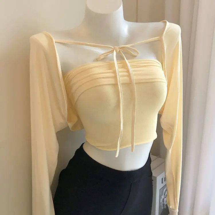 

Sexy Women Two Piece Set Korean Chic Long Sleeve Blouse Smock Lace-up Slim Crop Tube Tops Solid Ladies Casual Clubwear