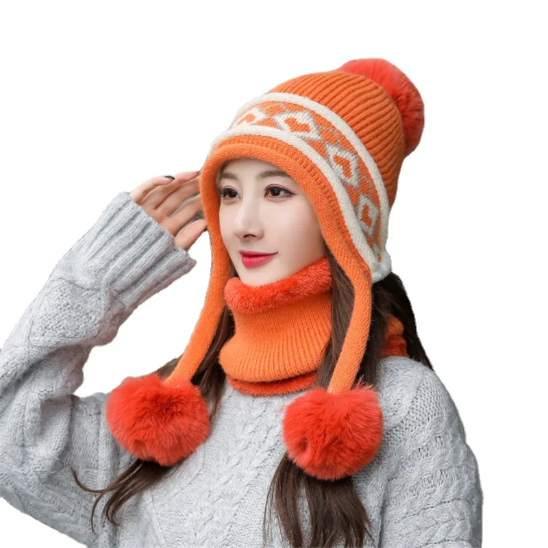 

Шапка в новом стиле Женская осенне-зимняя плюс бархатная теплая шапка модная велосипедная защита ушей Вязаная Шерстяная Шапка нагрудник ко...