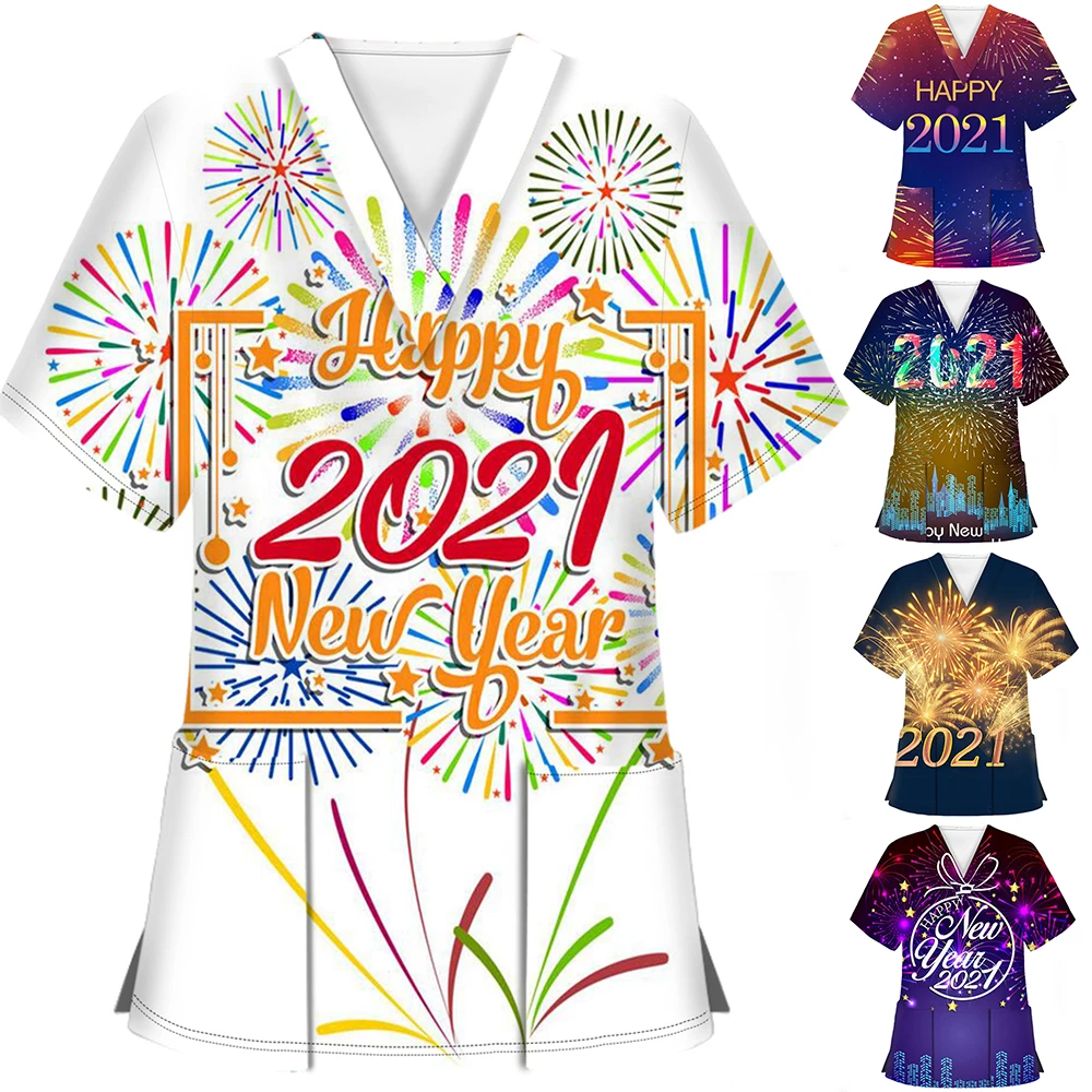 

Work Uniform Women T Shirt Plus Size Short Sleeve V Neck T Shirt Women Tops Fireworks Happy 2021 Printed Tees Workshop Uniforms