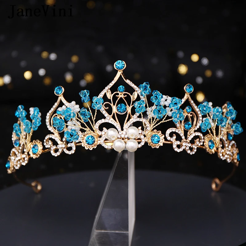 

JaneVini New Blue Bridal Crowns and Tiaras Baroque Crystal Elegant Headdress for Women Princess Wedding Jewelry Hair Accessories