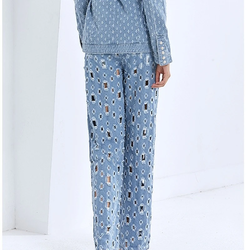 

2021 Women's Personality Jeans Women's Spring and Autumn New Style Retro Distressed Hollow Hollow Loose Wide Leg Pants Women