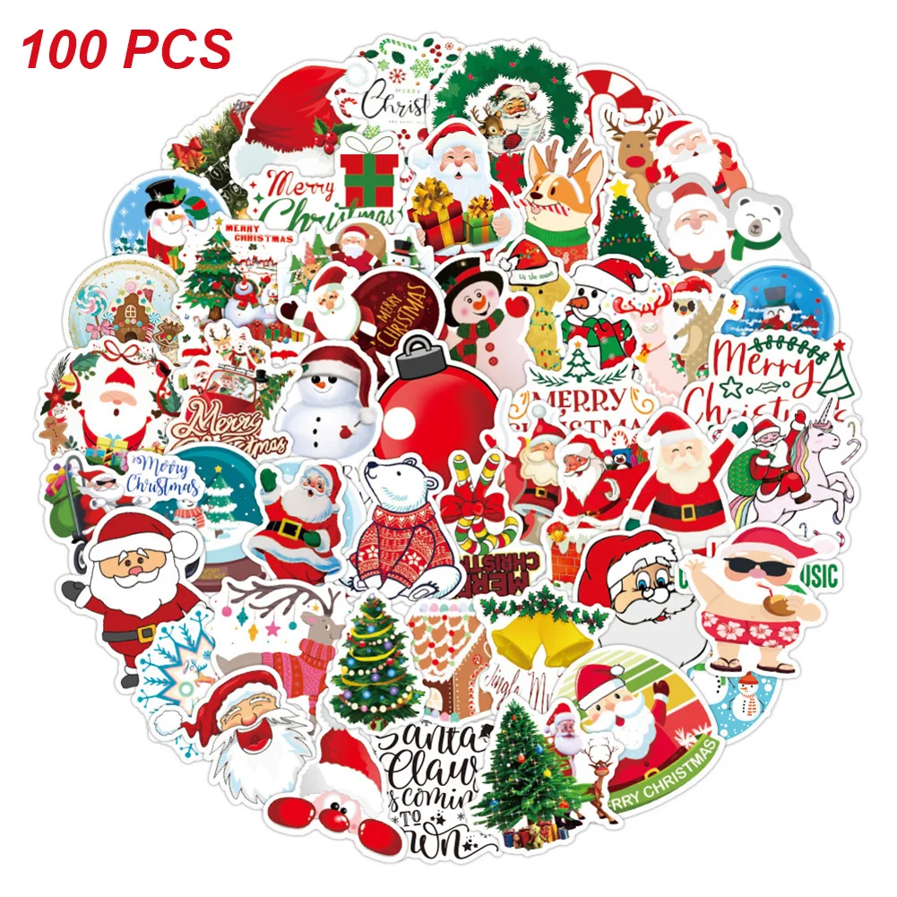 

100 PCS Christmas Stickers Reusable PVC Xmas Santa Claus Decals For Suitcase Fridge Skateboard Laptop Phone Gifts For Kids