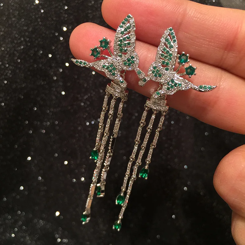 

S925 silver needle luxury emerald micro-inlaid zircon tassel butterfly earrings 210319-26