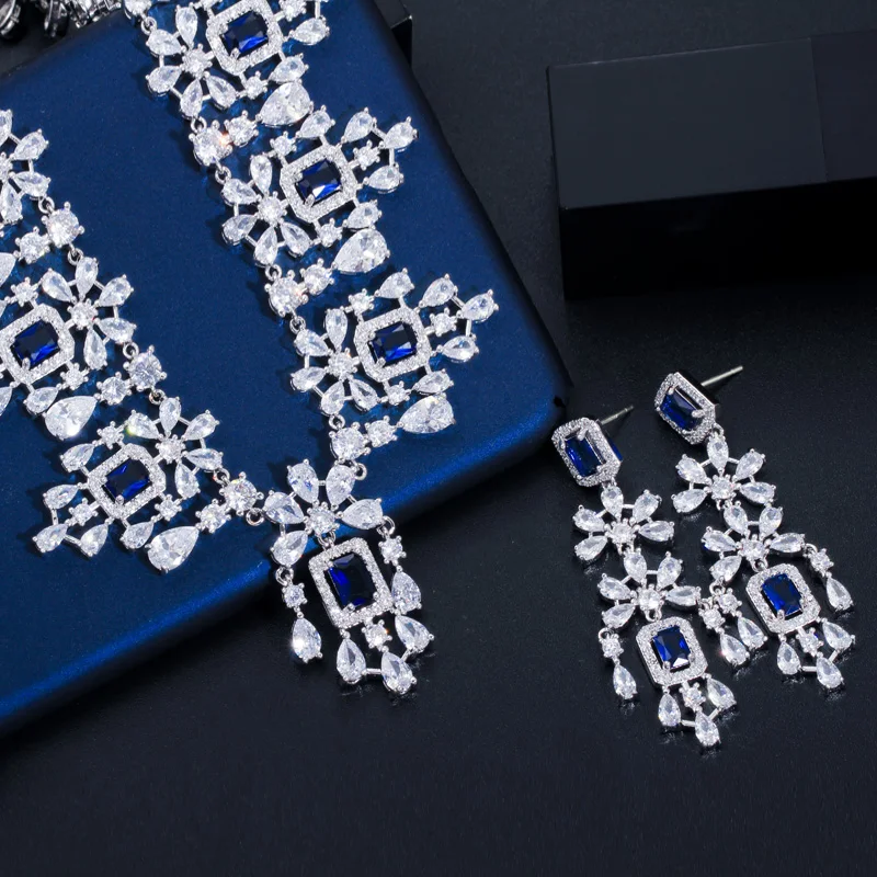 Фото CWWZircons Роскошные зеленые кубические цирконы, женские свадебные украшения, ожерелье, серьги, комплекты ювелирных изделий, аксессуары для свадебного платья T0611 №4