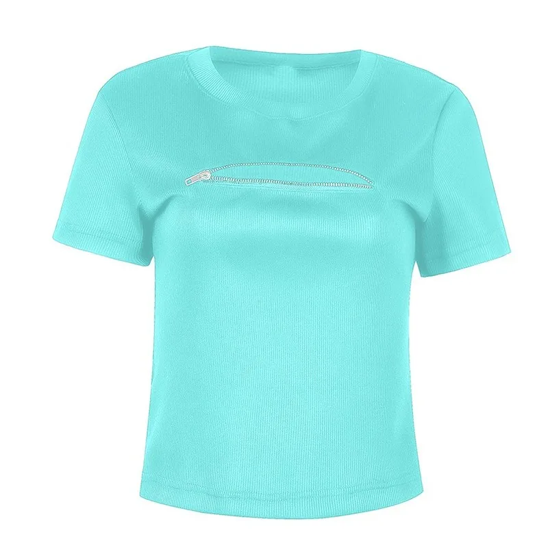

New European and American Women's Sexy Zip Short Sleeve Slim T-shirt Ropa Plus Size Mujer Graphic T Shirts Oversized T Shirt