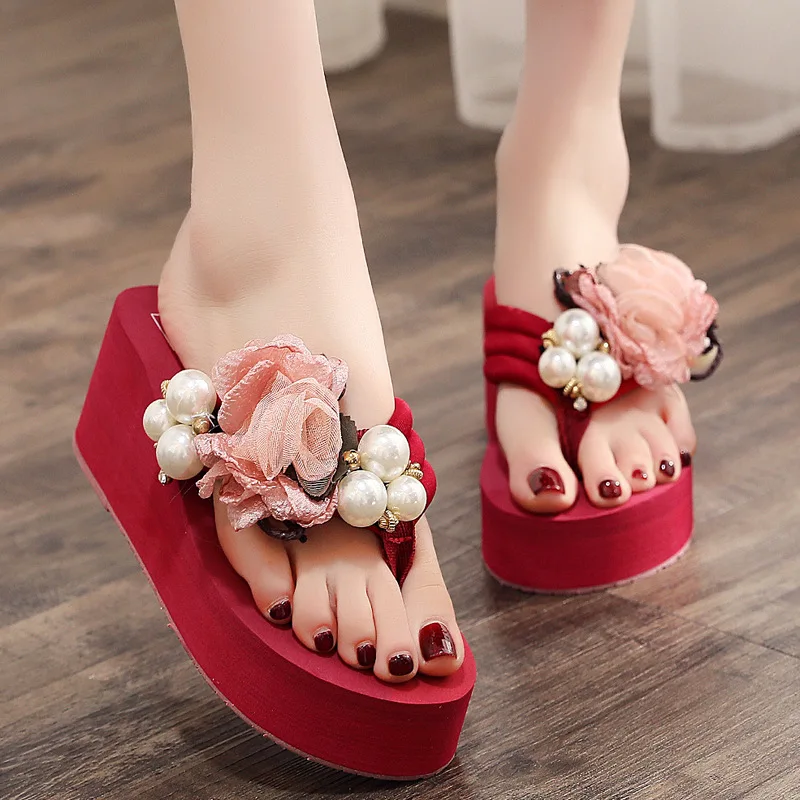 Inclinação com Flip-flops Sandálias de Plataforma Sandálias de Viagem 6cm de Salto Alto Feminino Verão Pérola Coreano Feminina Férias Sapatos Femininos