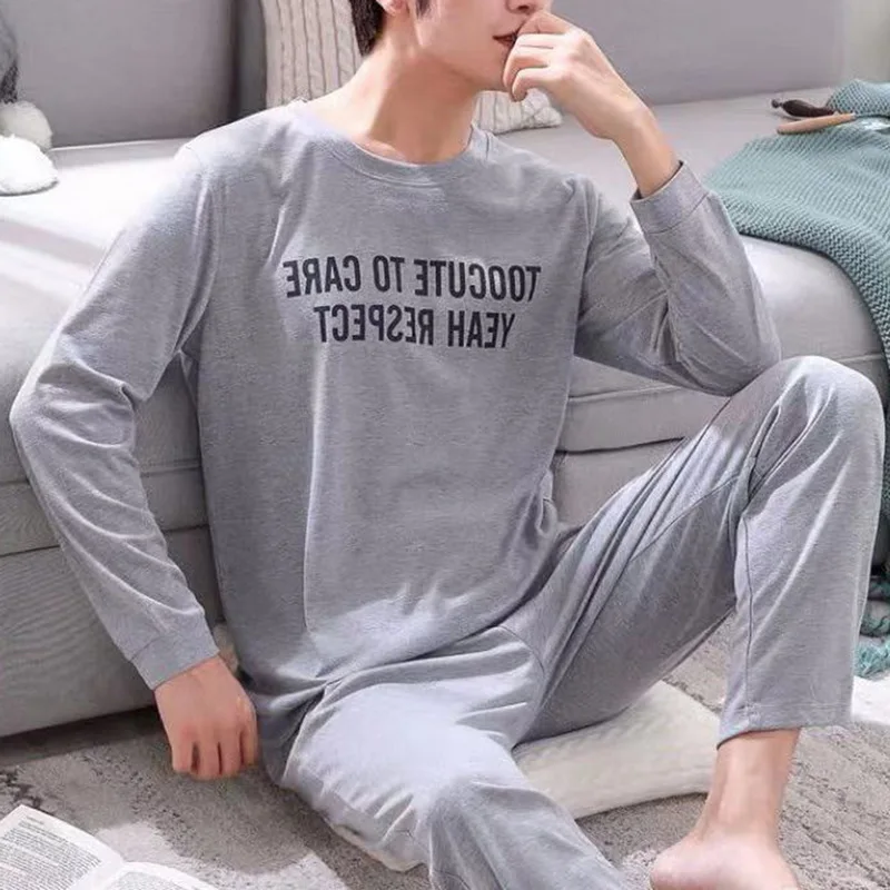 

Oeak 2020 Men Long Sleeve Pajamas Sets Spring O Neck Letter Print T shirt and Pants Sleeping Sets Loose Soft Homewear Nightwear