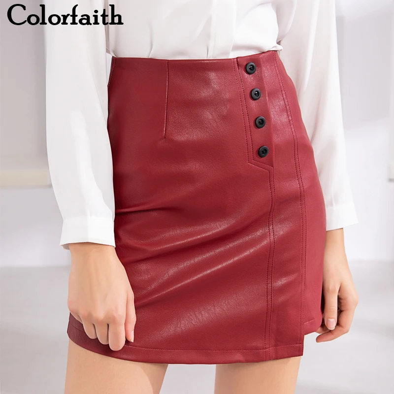 

Colorfaith New 2022 PU Leather Egirl Lady Korean Fashion Button A-Line Package Hip Wild Spring Summer Women Mini Skirts SK1938