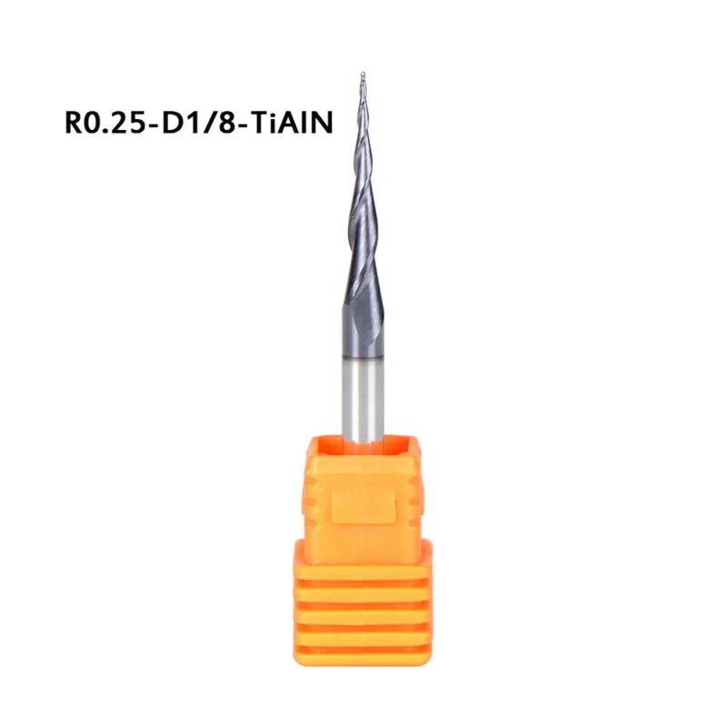 

1/8 Shank CNC Carbide Ball Nose Tapered End Mill Radius 0.25mm TiAIN Coated For Cutting Soft Materials, Cast Iron, Cast Steel