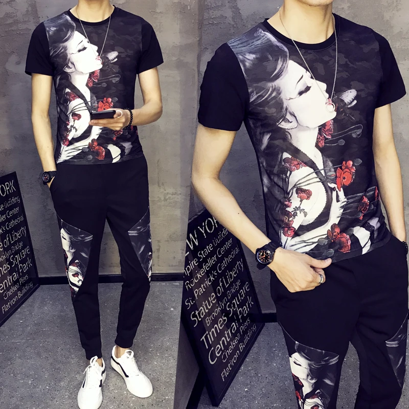 Спортивный мужской костюм футболка с принтом + штаны спортивный длинным рукавом