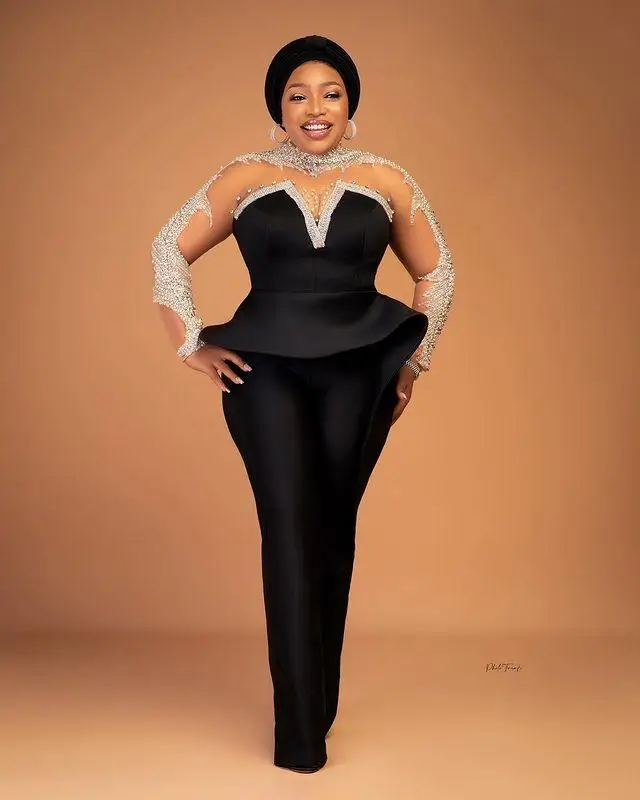 

Женские комбинезоны для выпускного вечера, черные вечерние платья большого размера с высоким воротом, длинным рукавом, украшенные бисером, ...