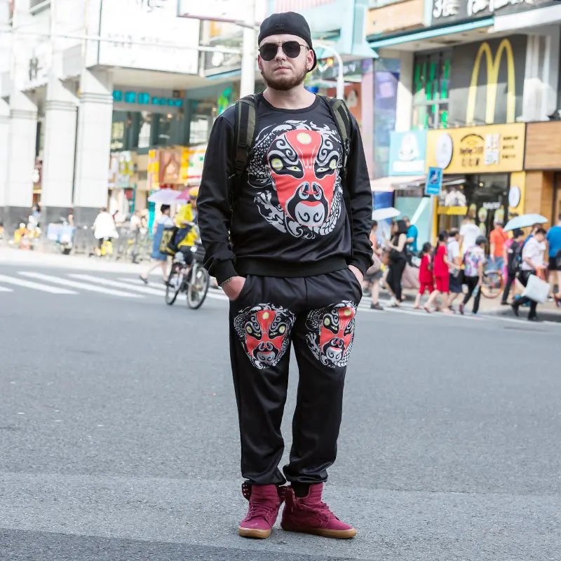 

Plus size men's clothing autumn and winter fat men's fashion Chinese style Beijing opera facial makeup printed sweater