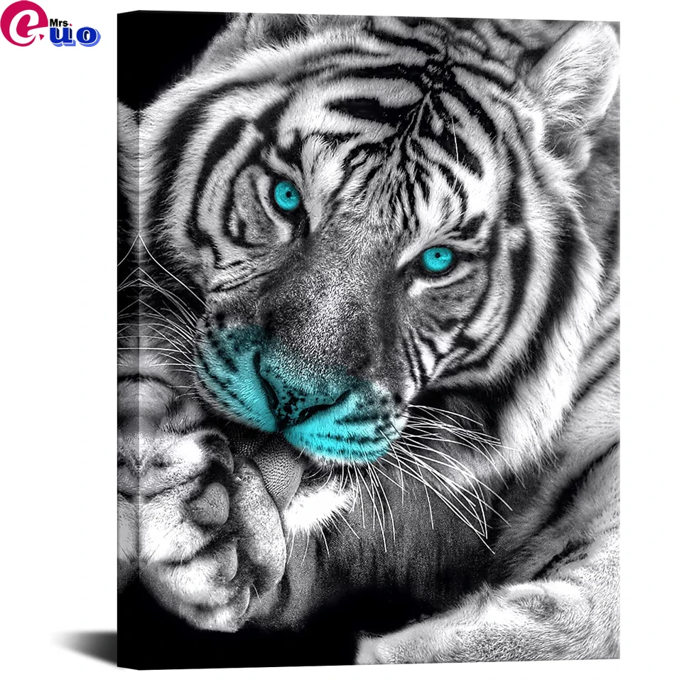 

Алмазная живопись, черная, белая, тигровая стена, искусство, синие глаза и нос, живопись, дикая искусственная вышивка, вышивка крестиком свои...