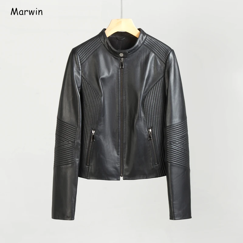 

Marwin PU Leather 2020 New-Coming Spring Short O-Neck Leather Coat Button High Street And Moto Style Female Ladies Leather