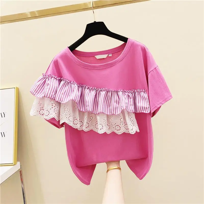 

Lace stripe stitching ruffled cotton short sleeve t-shirt women's 2021 summer Korean style loose half sleeve t-shirt