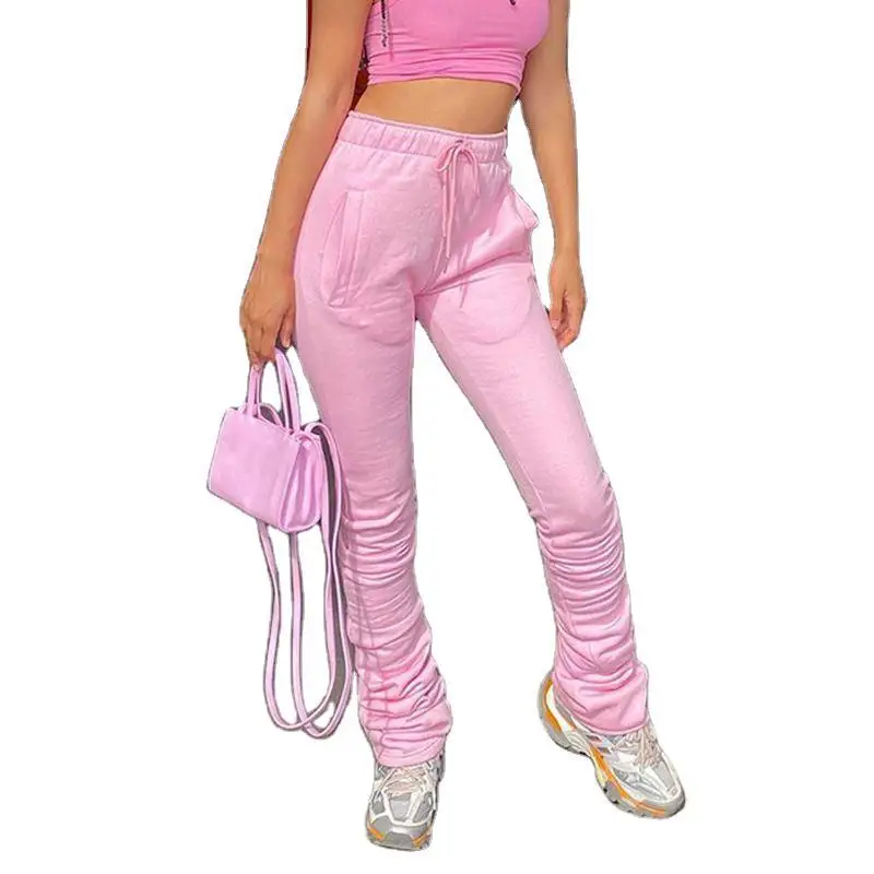 

Pink Sweatpant Women Jogger Pile Pants Drawstring Casual Streetwear Autumn Solid Cargo Trousers High Waist Slim Stacked Leggings