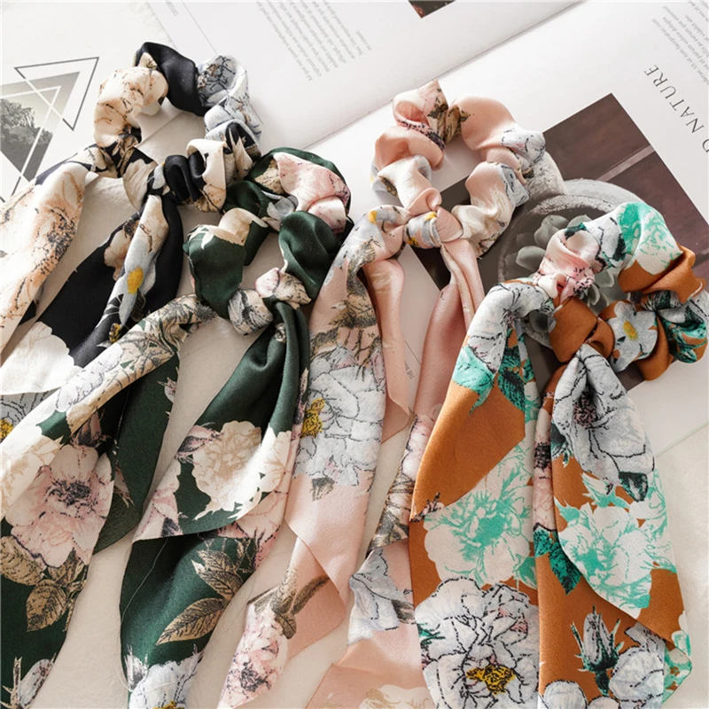 

Fashion Flower Print Hair Scarf Bow Scrunchies Ponytail Headband for Women Hair Accessories Bowknot Elastic Hair Rope Hairbands