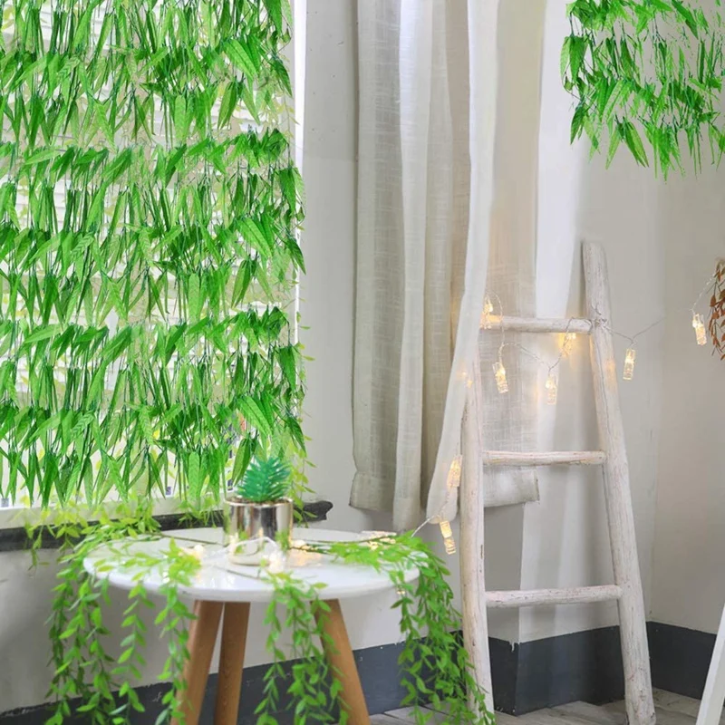 

70Pcs 420Ft Artificial Willow Leaves Fake Hanging Vines Wicker Vine Used for Wedding Garden Balcony Courtyard Decoration