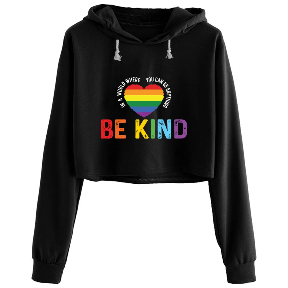 

Be Kind Lgbt Gay Les Pride Rainbow Crop Hoodies Women Harajuku Anime Emo Aesthetic Pullover For Girls
