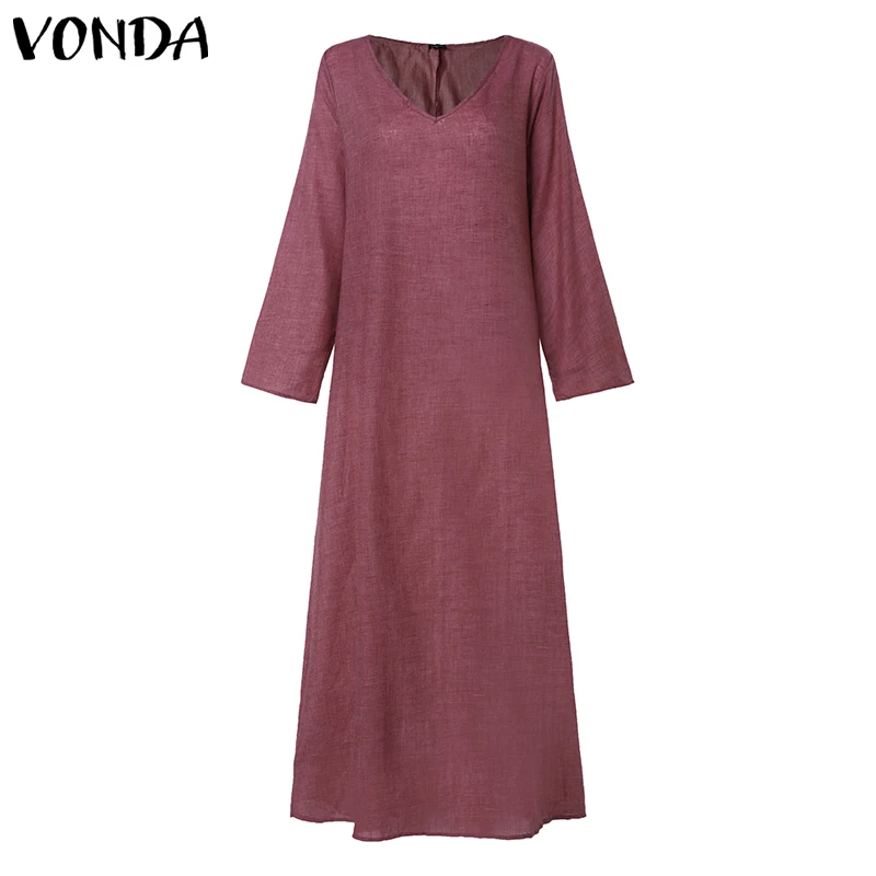 Red VONDA женское богемное длинное платье макси, повседневное свободное пляжное платье с длинным рукавом, Осенние вечерние платья, винтажное платье для женщин размера плюс - Цвет: Red