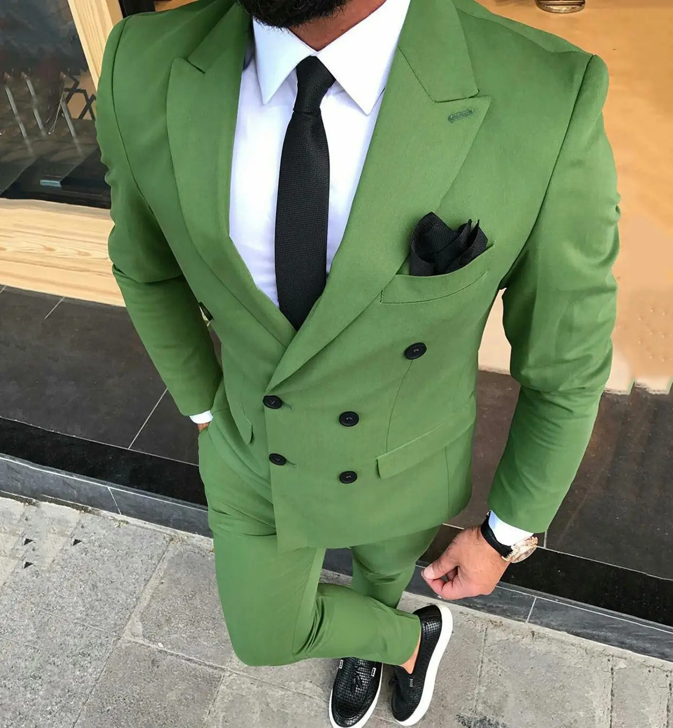 

2020 Men Double Breasted Suits Olive Green Wedding Groom Tuxedo For Men Suits Prom Best Man Wear Blazer 2 Piece (Blazer+Pants)
