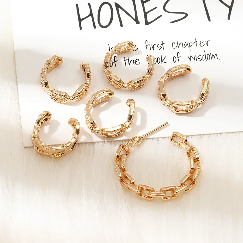 

Wish Card Copper Alloy Earring Set For Women With Thick Chain Earclips For Fashion Punk Hip-Hop Cool Party Jewelry Gift 2021 New